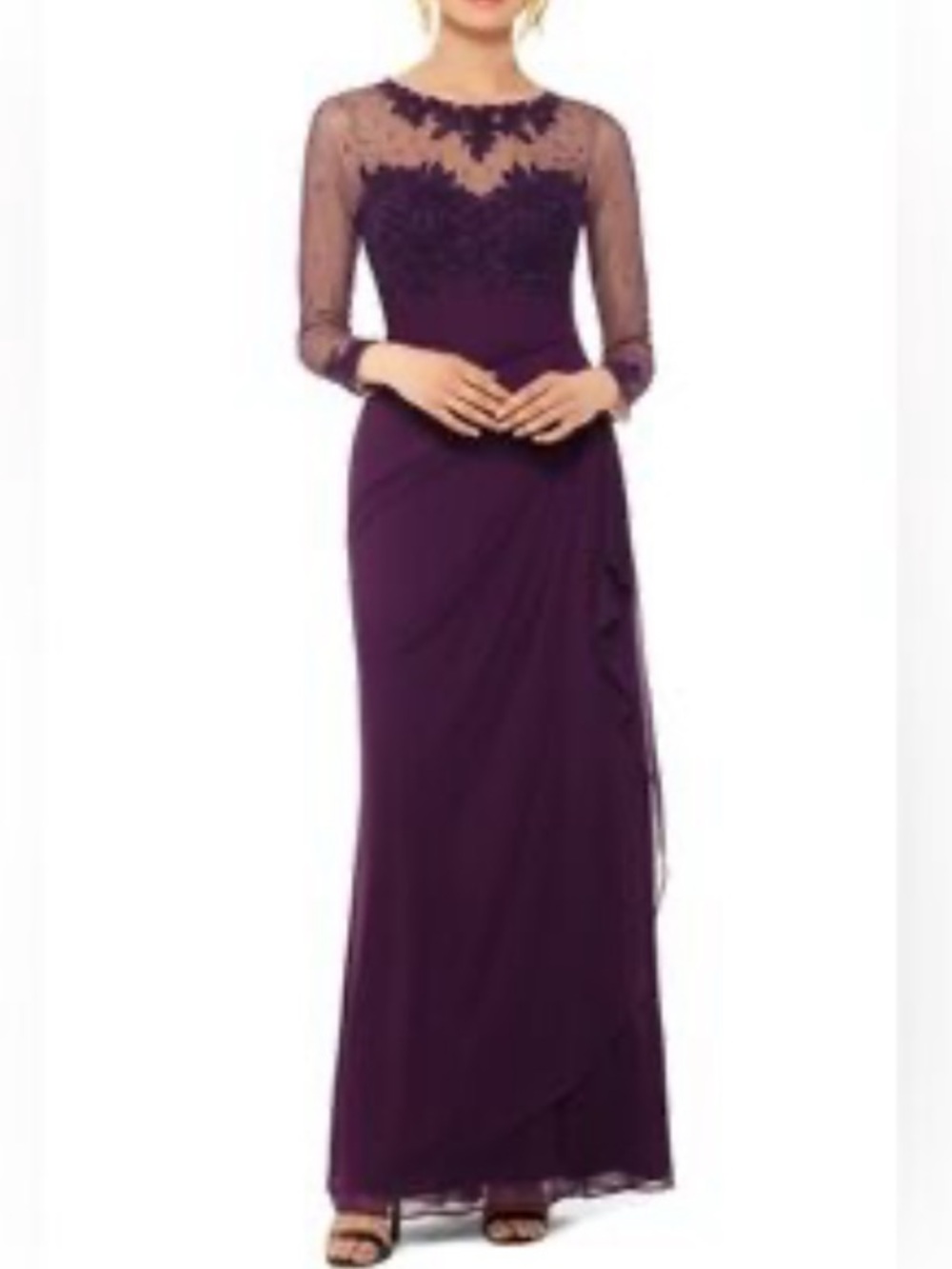 Xscape Beaded Illusion Bodice Long Sheer Sleeve Evening Gown Purple, Sz 4 Party